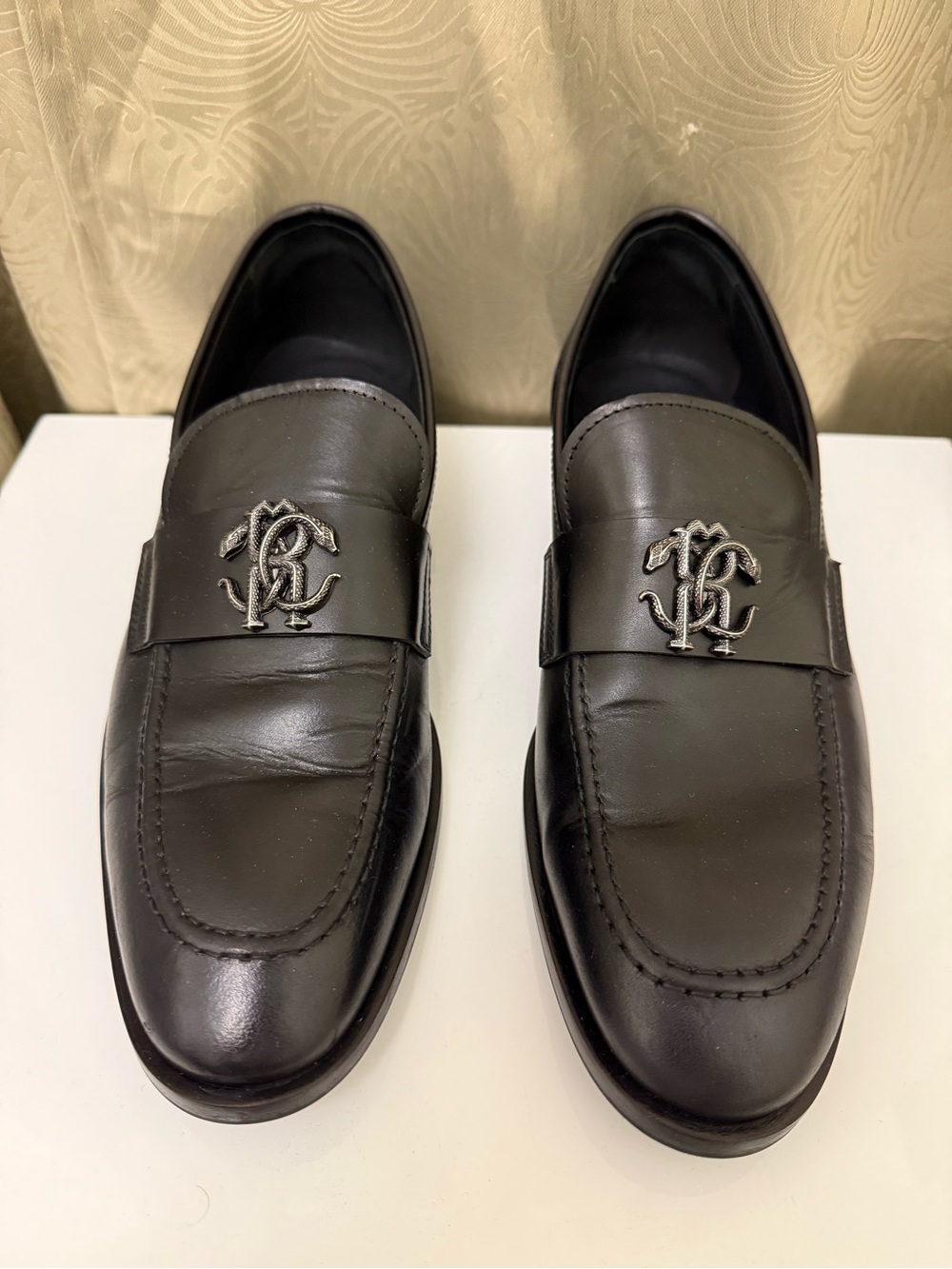 Roberto Cavalli Black Leather Logo Loafers
